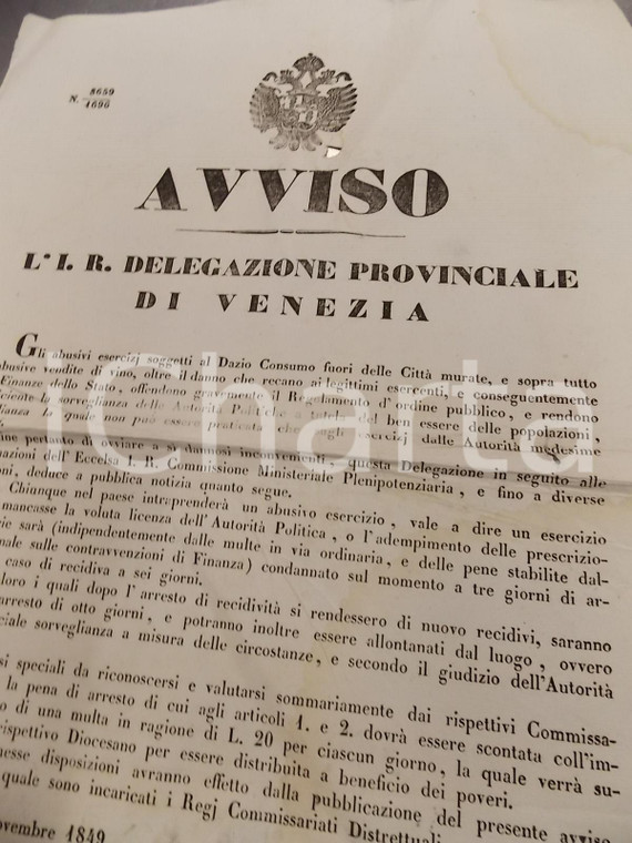 1849 IMPERIALE REGIO GOVERNO DI VENEZIA Contro l'abusiva vendita del vino