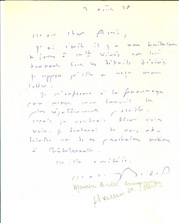 1938 PARIS Scrittore Maurice BEDEL intento a un lavoro * Lettera AUTOGRAFA