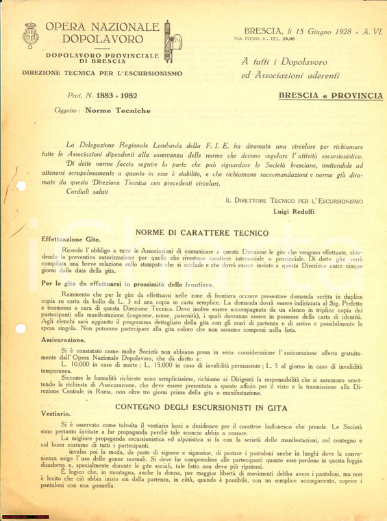 1928 OND BRESCIA Buona condotta dell'escursionista