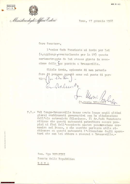 1968 ROMA Eventi BRAZZAVILLE Mario BOLASCO autografo