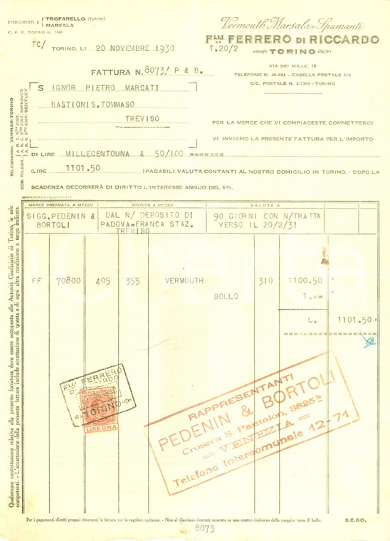 1930 TORINO Vermouth Marsala Spumanti F.lli FERRERO di Riccardo *Fattura