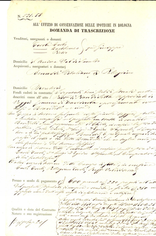 1858 TAVERNOLA (BO) Rogito TOVOLI - BENASSI su fondi rurali CHIODO e FONTANELLE