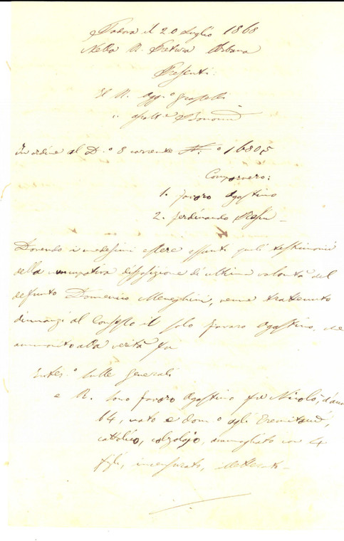 1868 PADOVA Ultime volontà di Domenico MENEGHINI in punto di morte *Manoscritto