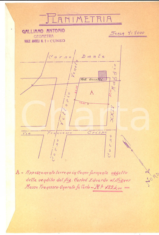 1920 CUNEO Planimetria terreno venduto da Edoardo CARLOD *Geom. Antonio GALLIANO