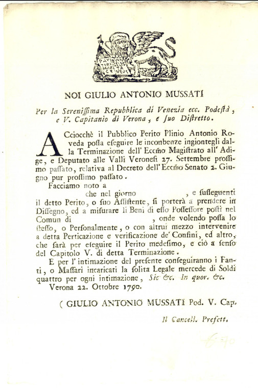 1790 VERONA Misure del perito Plinio Antonio ROVEDA *Manifesto 20 x 30