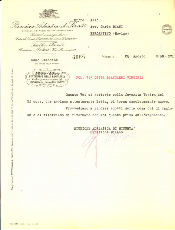 1939 MILANO RIUNIONE ADRIATICA DI SICURTA' Lettera intestata Centenario 