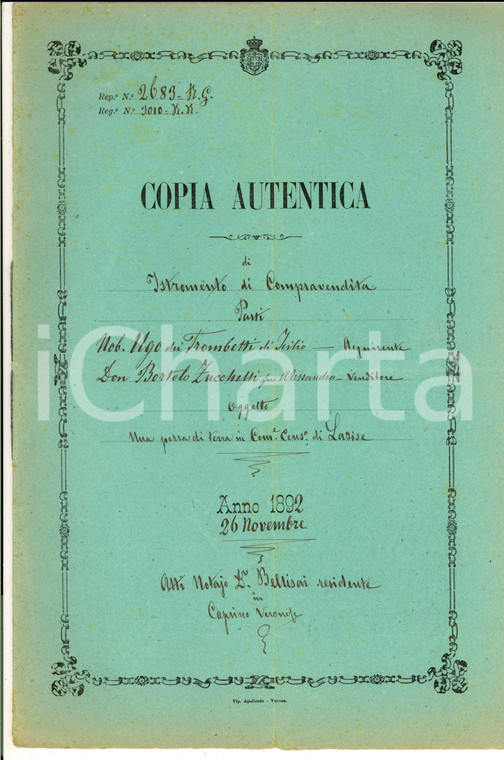 1892 LAZISE (VR) Bortolo ZUCCHELLI vende terra arativa a Ugo TROMBETTI