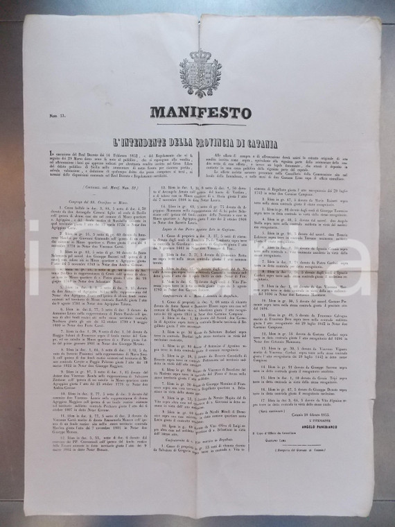 1855 CATANIA Fondi e terreni all'asta rendita DEBITO PUBBLICO *Manifesto 45 x 60