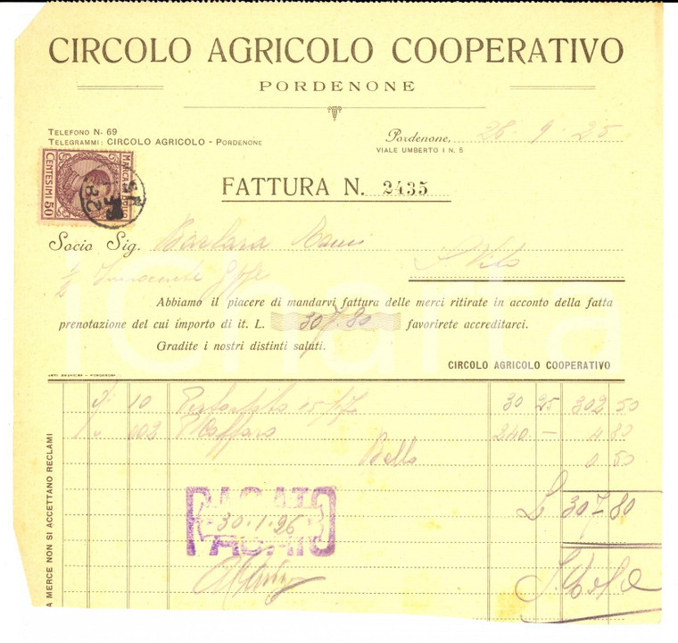 1925 PORDENONE Circolo Agricolo Cooperativo *Fattura per perfosfato