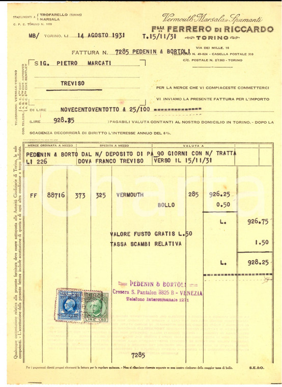 1931 TORINO Ditta F.lli FERRERO di Riccardo - Vermouth *Fattura commerciale 