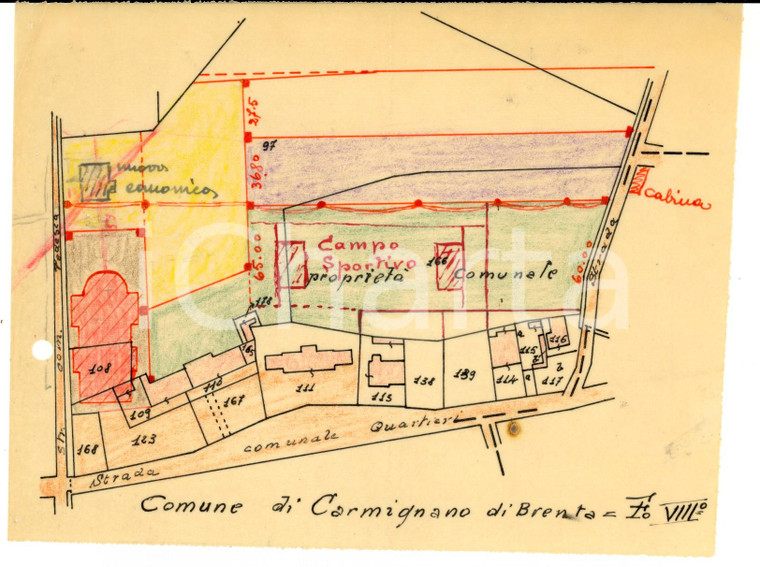 1930 ca CARMIGNANO DI BRENTA (PD)  Planimetria zona campo sportivo 20x15 cm