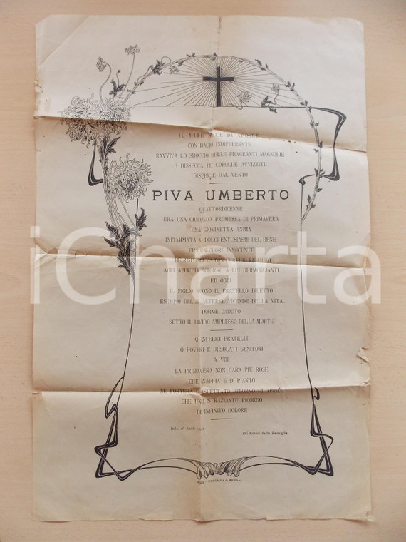 1902 DOLO (VE) Morte di Umberto PIVA quattordicenne *Manifesto 42x64 cm