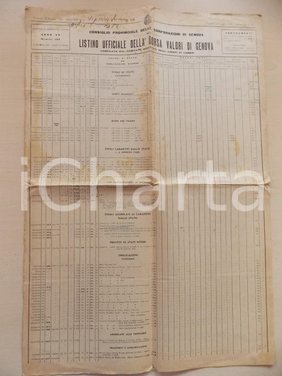 16 luglio 1943 GENOVA Listino ufficiale della Borsa Valori *Manifesto 44x64 cm