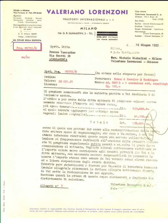 1953 MILANO Valeriano LORENZONI Trasporti internazionali *Lettera commerciale