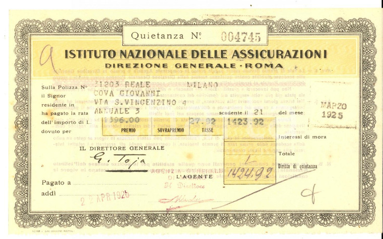 1925 ROMA ISTITUTO NAZIONALE delle ASSICURAZIONI Quietanza premio Giovanni COVA