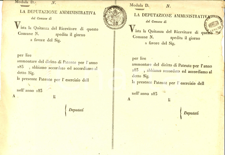 1830 ca REGNO LOMBARDO-VENETO Moduli quietanza diritto di patente NON COMPILATI