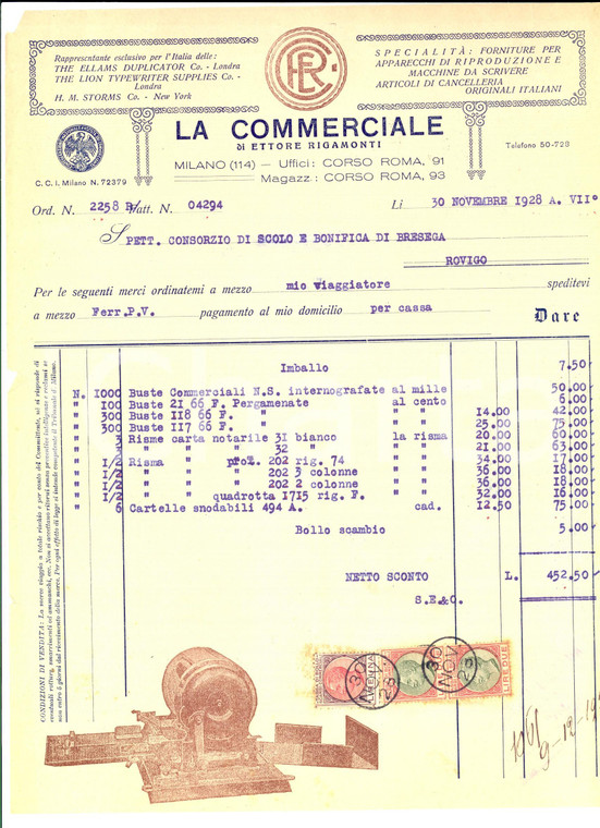1928 MILANO Ditta LA COMMERCIALE - Fattura intestata per buste e risme
