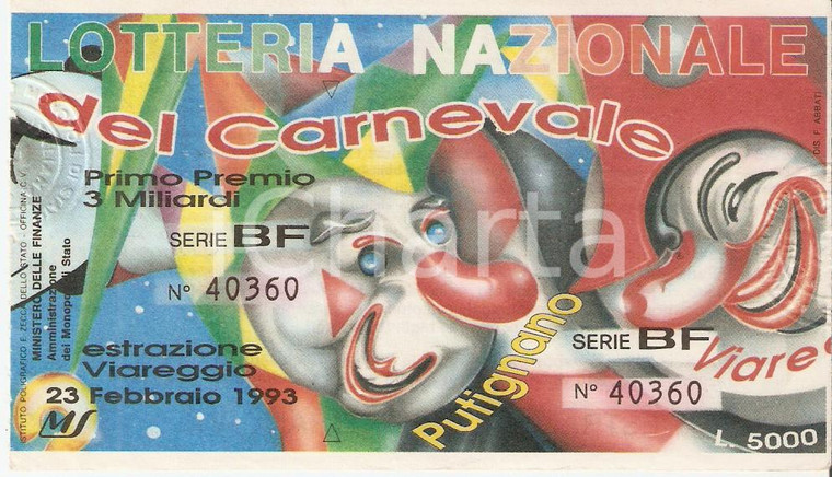 1993 VIAREGGIO Lotteria Nazionale del Carnevale Biglietto Serie BF *12 x 7 cm