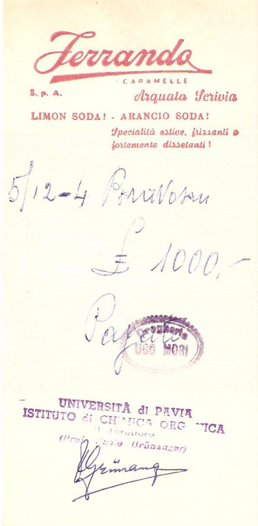 1965 ca PAVIA Drogheria Ugo MORI Caramelle FERRANDO Limon soda Ricevuta 7x16