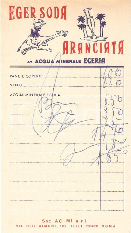 1965 ca ROMA Aranciata EGER SODA Società AC-MI *Ricevuta ILLUSTRATA 9x17 cm