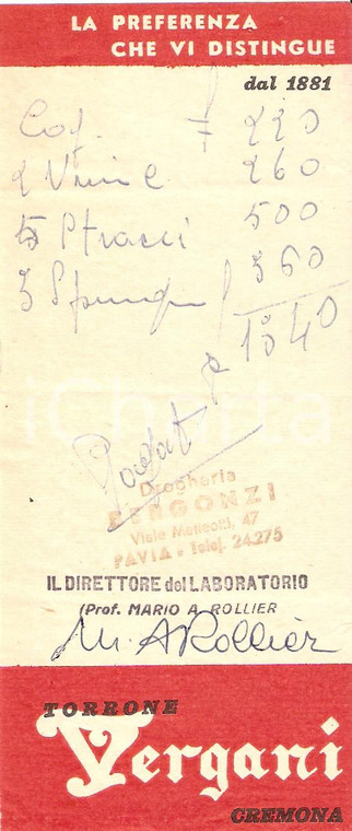 1965 ca PAVIA Drogheria BERGONZI Torrone VERGANI di Cremona *Ricevuta 7x16 cm