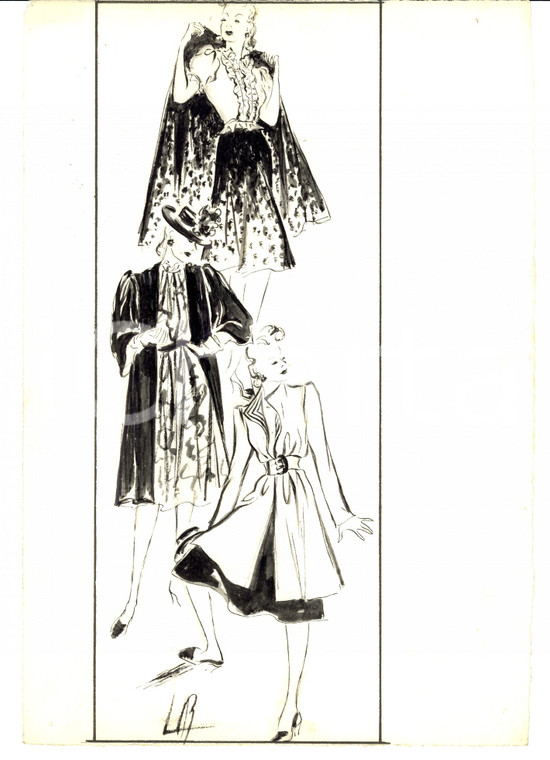 1939 Moda donna ANNI '30 Mantelle e trench Bozzetto AUTOGRAFO