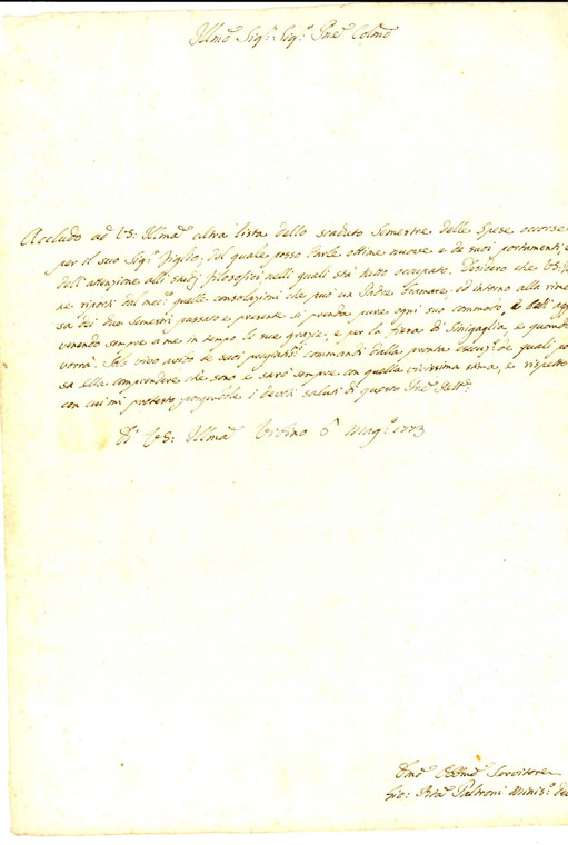 1773 URBINO Giovanni Battista PALTRONI al padre di un nobile collegiale *Lettera