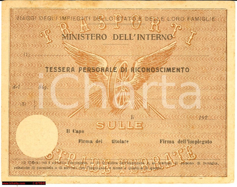 1922 FFSS STRADE FERRATE Tessera impiegati dello Stato