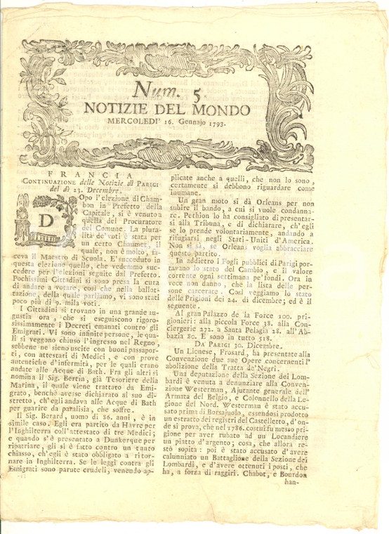 1793 VENEZIA Notizie del Mondo - Decreti contro gli emigrati in Francia GAZZETTA