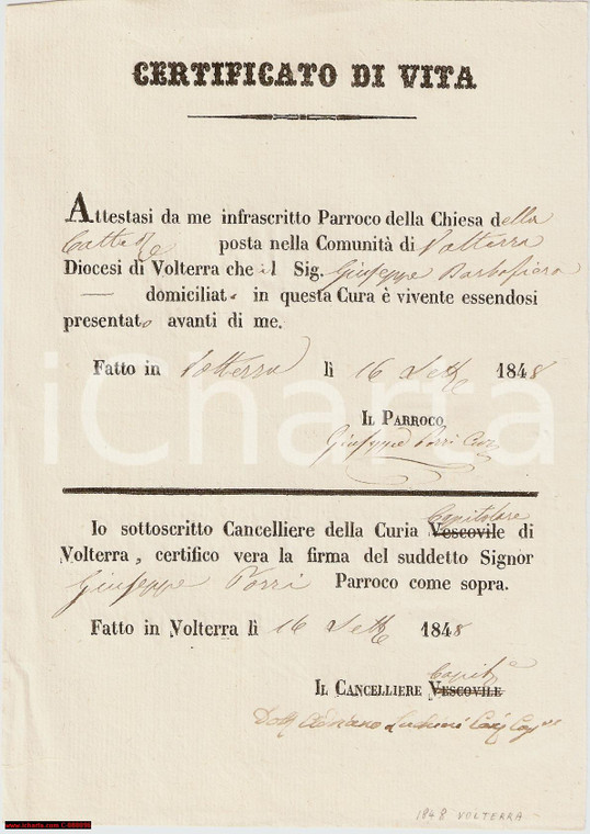 1848 VOLTERRA Certificato di Vita Giuseppe BARBAFIERA