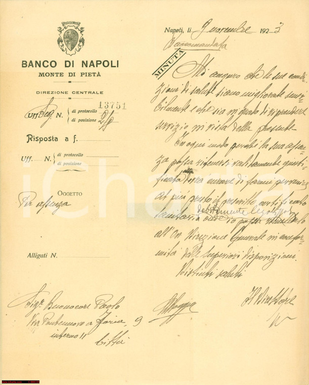 1923 NAPOLI Paolo BUONOCORE malato Banco di Napoli