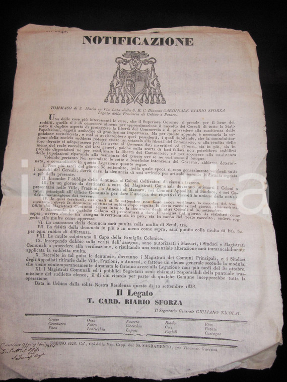1838 PESARO Denuncia cereali per coloni coltivatori MANIFESTO