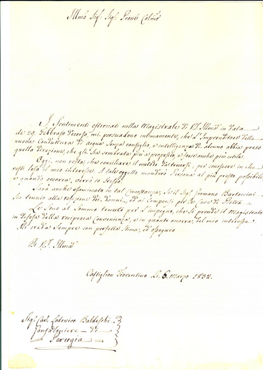 1832 CASTIGLION FIORENTINO Germano BARTOCCINI realizza conduttura senza permesso