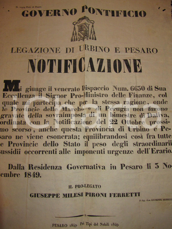 1849 STATO PONTIFICIO URBINO Esonero provincia da pesi straordinari *Manifesto