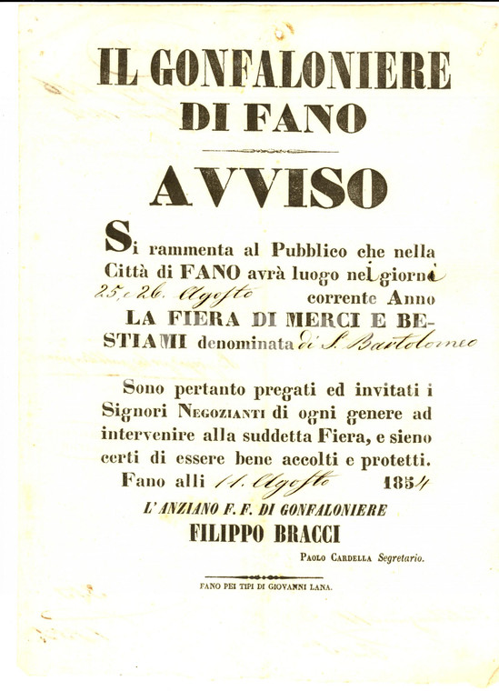 1854 FANO (PU) Fiera di SAN BARTOLOMEO merci e bestiami *Manifesto