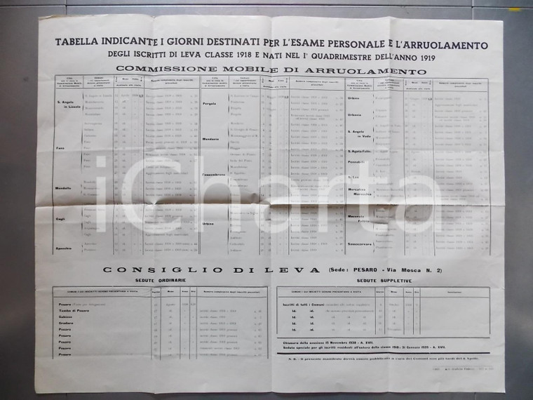 1938 PESARO Calendario esame e arruolamento per la leva del 1918 *Manifesto