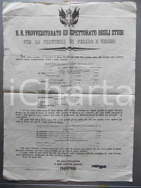 1864 PESARO Calendario esami estivi per istituti di istruzione secondaria