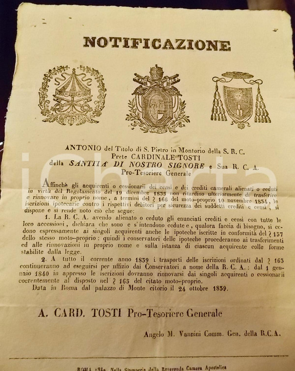 1839 STATO PONTIFICIO Editto per la vendita dei censi camerali *Manifesto