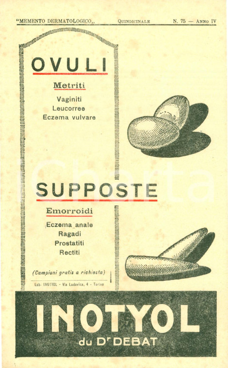 1926 TORINO Laboratori INOTYOL ovuli e supposte Dr. DEBAT *Volantino ILLUSTRATO