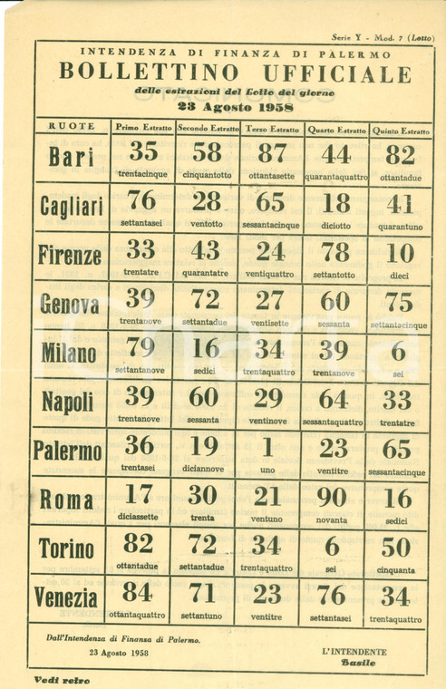 1958 PALERMO Bollettino ufficiale estrazioni del Lotto *Volantino