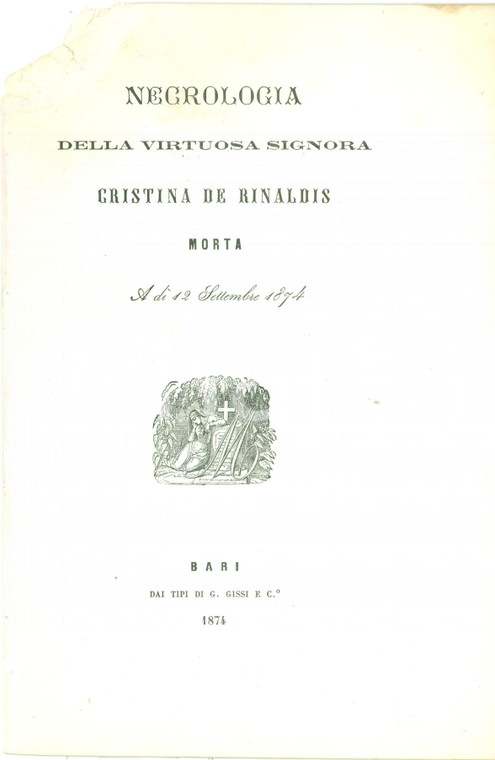 1874 VACCARIZZO ALBANESE (CS) Necrologia Cristina DE RINALDIS DRAMMIS DE DRAMMIS