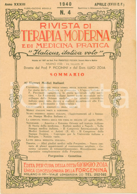 1940 MILANO Laboratori Giorgio ZOJA Rivista terapia moderna medicina FORGENINA