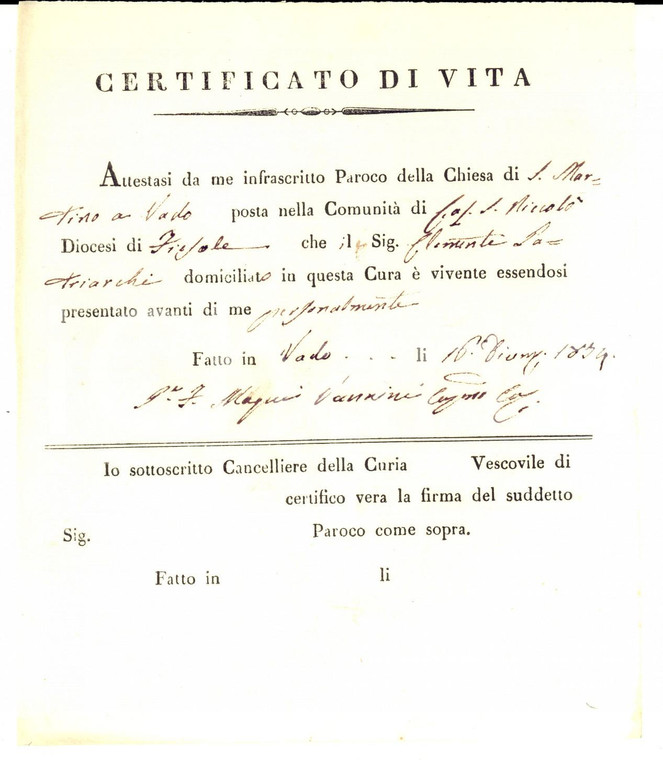 1834 CASTEL SAN NICCOLO' Certificato vita Clemente PATRIARCHI San Martino a Vado