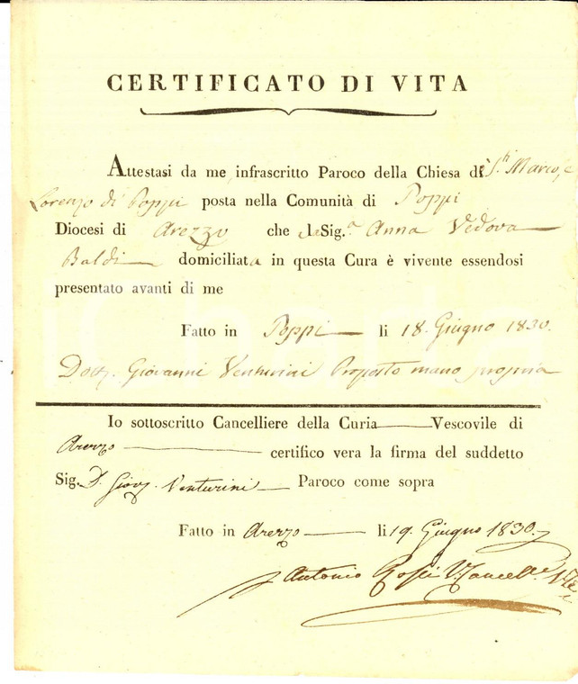 1830 POPPI (AR) Certificato vita vedova Anna BALDI Chiesa SS. Marco e Lorenzo