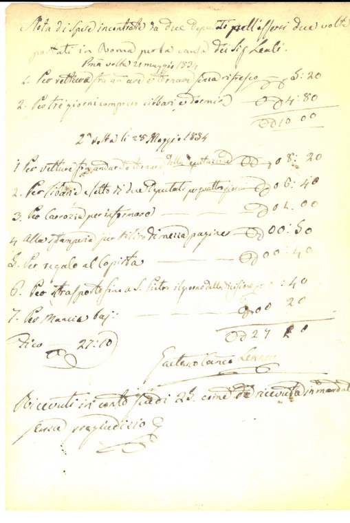 1834 ROMA Spese di due deputati locali per soggiorno nella capitale *Manoscritto