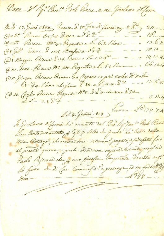 1803 CIVITELLA VAL DI CHIANA (AR) Conto panettiere Girolamo DE CORONA *Documento