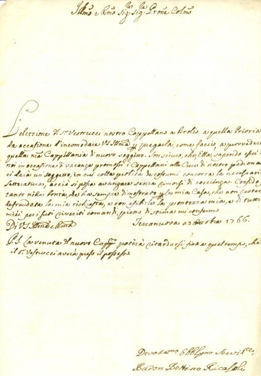 1766 BROLIO (SI) Barone Bettino RICASOLI richiede cappellano probo e letterato