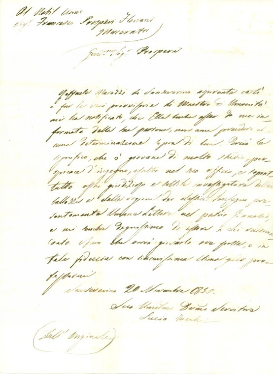 1850 SAN SEVERINO MARCHE Lucio TOCCHI raccomanda erudito Raffaele MAROZZI