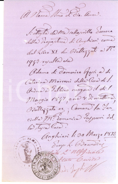 1873 Propositura ANGHIARI (AR) Fede di battesimo di Adamo ROSSI *Documento