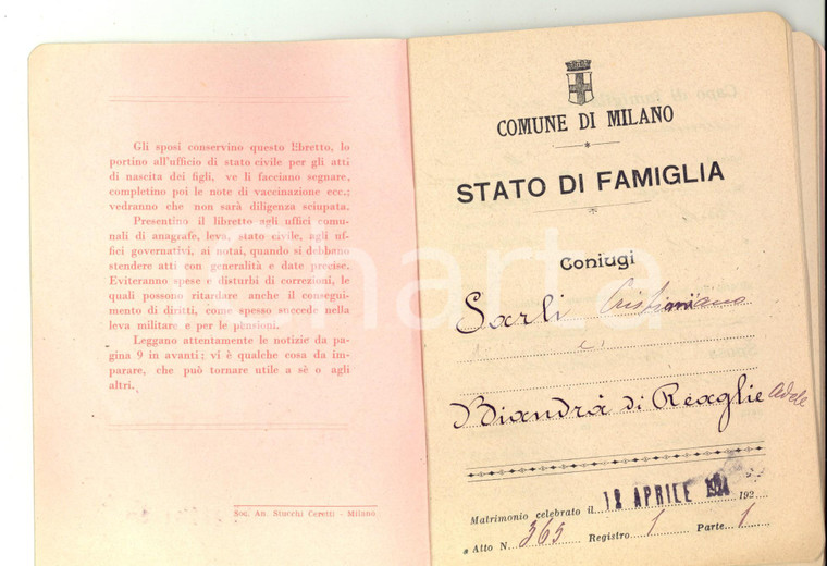 1924 MILANO Libretto di famiglia Cristiniano SARLI - Adele BIANDRA' DI REAGLIE